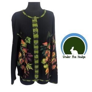 90s Sport Elle Black Garden Print Cardigan Sweater Large cotton cottage vintage